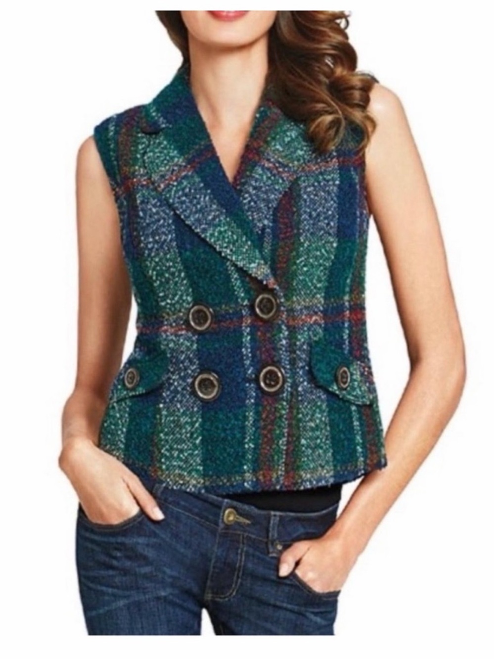 Cabi 908 Double-Breasted Plaid Tweed Vest NWT